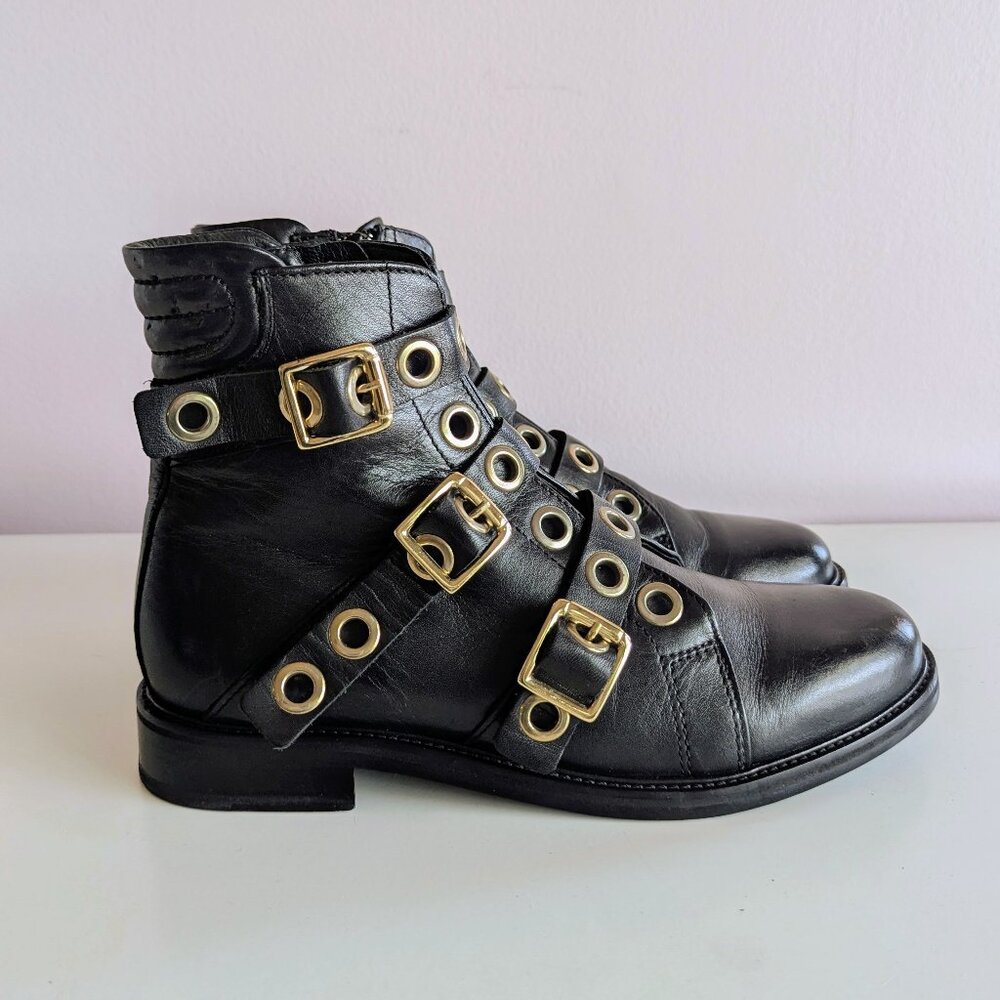 ✨ Maje Leather Moto Combat Boots 38 7.5 Gold Hardware Rockstar Girlfriend Biker